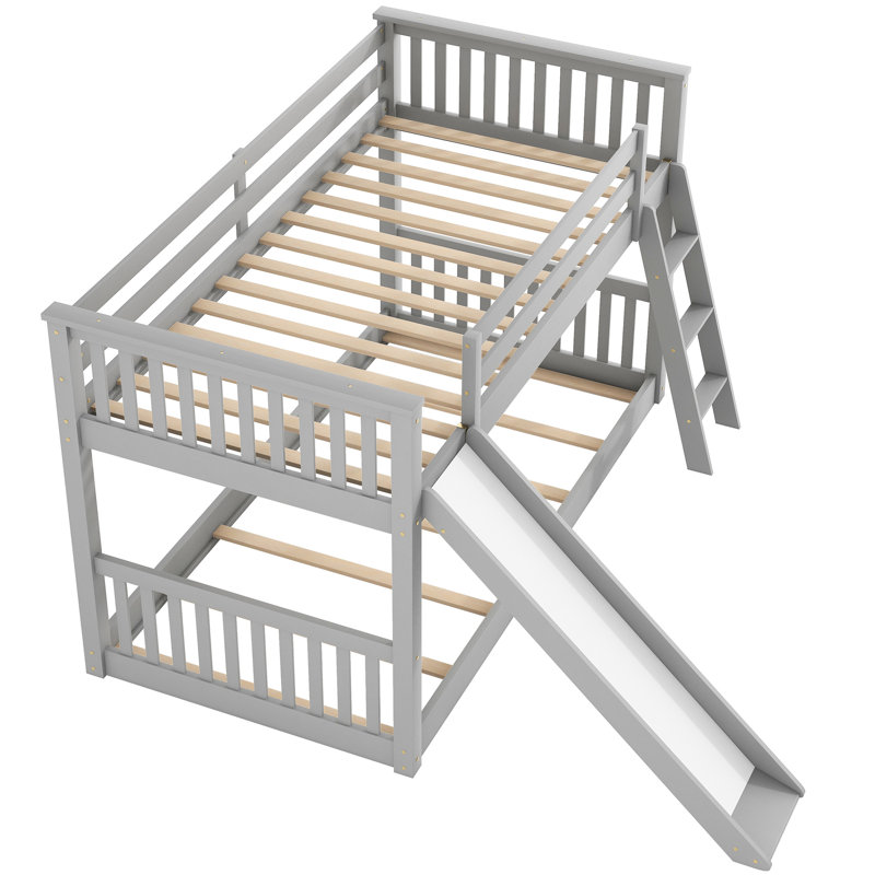 Lit superposé simple gris avec glissière convertible et solution peu encombrante, structure en bois de pin, assemblage facile, garde-corps pleine longueur pour lit simple / simple, petits espaces simples et bas, famille sécuritaire