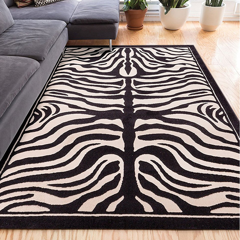 tapis intérieur/extérieur noir/blanc à imprimé zèbre Preece, Rectangulaire 8 pi x 11 pi