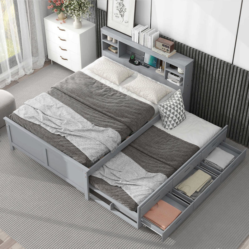 Lit plateforme double avec tête de lit à rangement, USB, lit gigogne simple et 3 tiroirs, Full, Gris