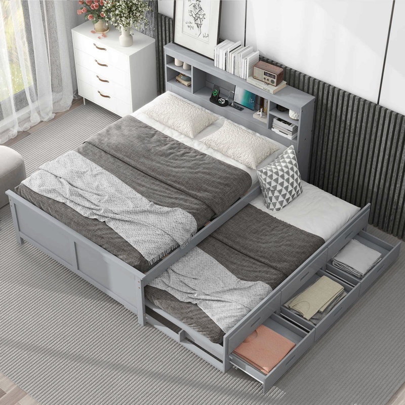 Lit plateforme double avec tête de lit à rangement, USB, lit gigogne simple et 3 tiroirs, Gris