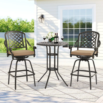3-piece Cast Aluminum Patio Bar Set, Outdoor Round High Top Table With 2.17†Umbrella Hole & 2 Swivel Bar Chairs With Cushions, All-weather Bistro Tab by Lark Manor
