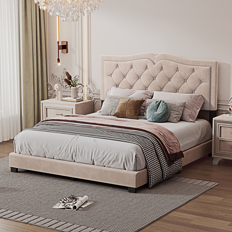 Upholstered Bed Frame With Rivet Design, Beige, Queen