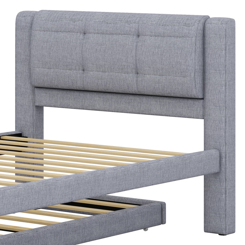 Lit plateforme tapissier avec lit gigogne, lit gigogne pouvant être plat ou érigé, Gris
