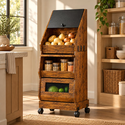 3-Tier Rolling Potato and Onion Storage Cabinet, 38-Inch Brown Wood-Look Vegetable Storage Bin with Ventilated Mesh Baskets, Top Lid, Swivel Casters for Kitchen, Pantry & Dining Room