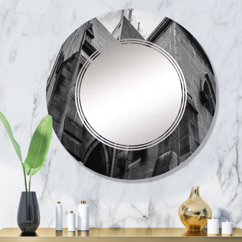 Architecture gothique en noir et blanc - Miroir mural rétro rond, 32 po x 32 po