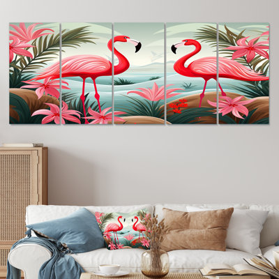 Tropical Flamingo Dance In Pink And Green II - Flamingo 5 Piece Wall Art Decor