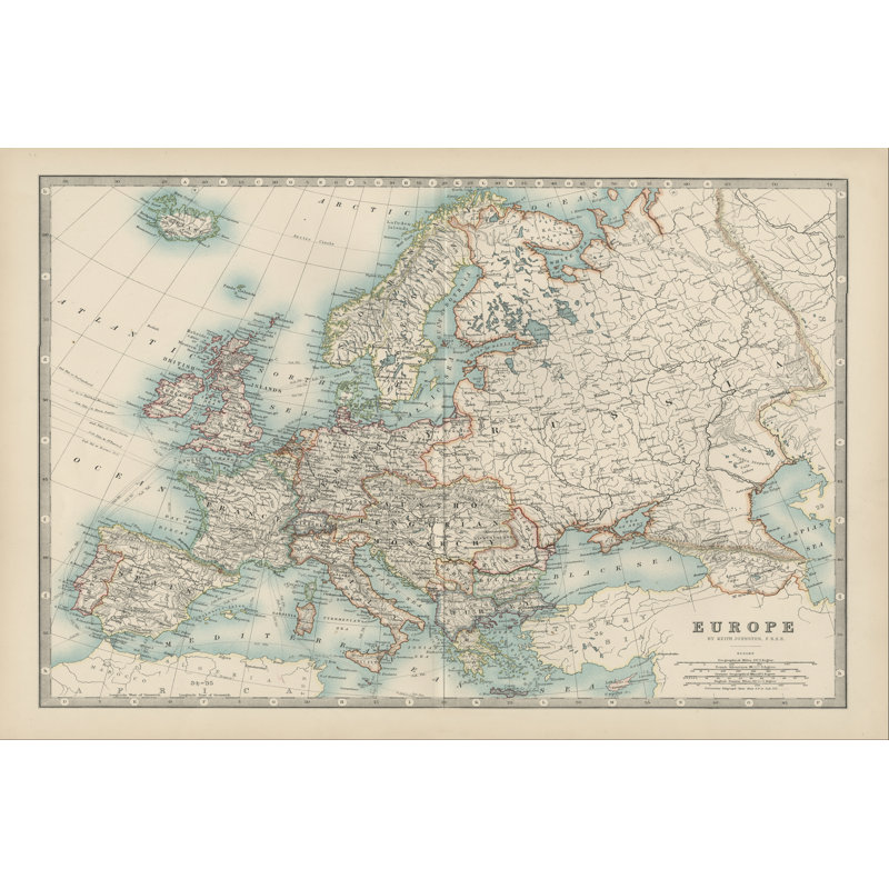 Johnston's Map Of Europe by Johnston - Wrapped Canvas Print, 30cm H x 46cm W x 3.8cm D