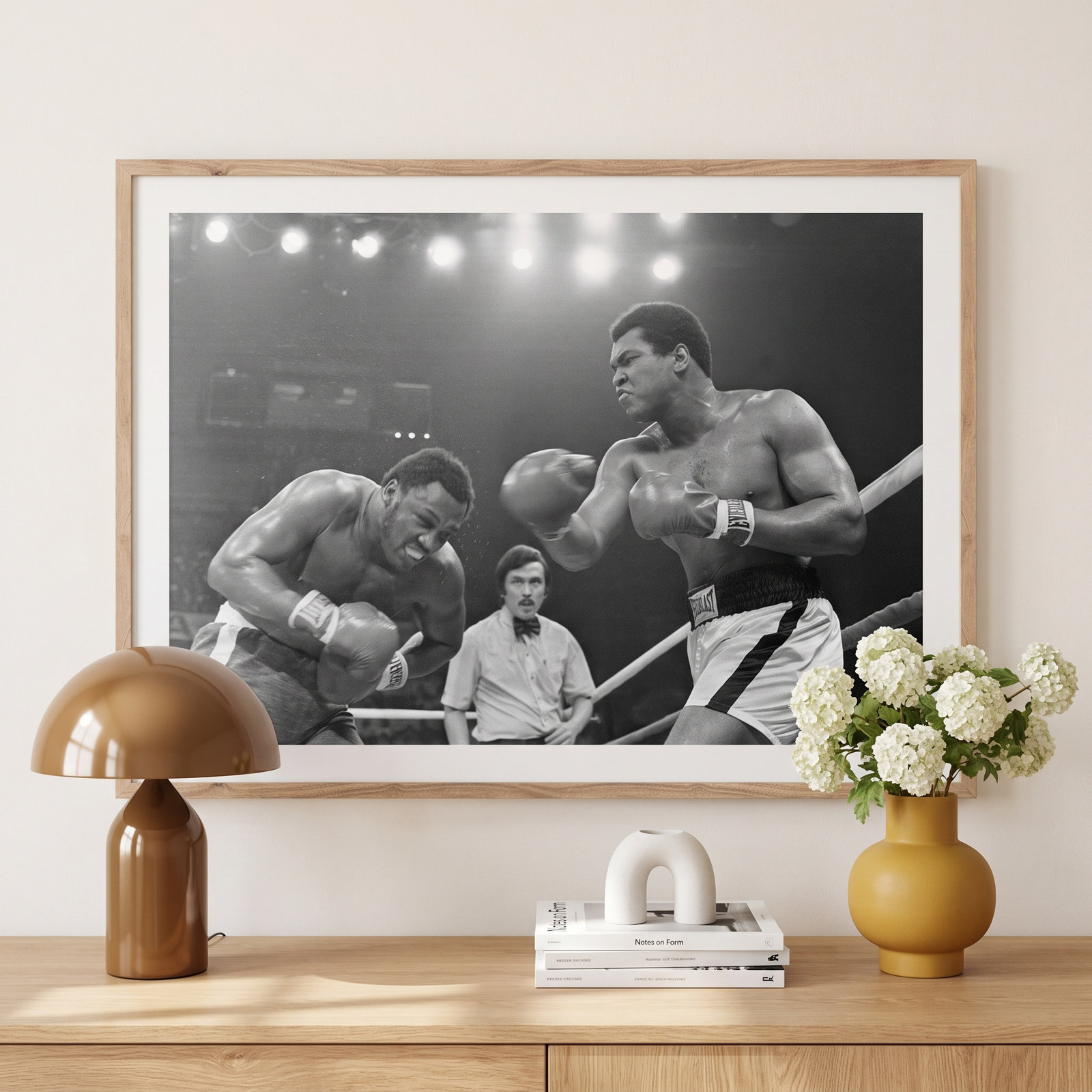 Adom "Muhammad Ali Punching Joe Frazier" Print, 36" H x 48" W, Rustic Walnut Framed