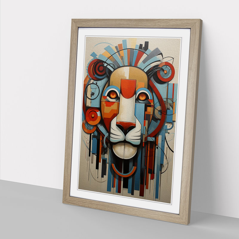 Lion Constructivism No.4 - Single Picture Frame Print on Wood, Oak, 64cm H x 46cm W x 2cm D