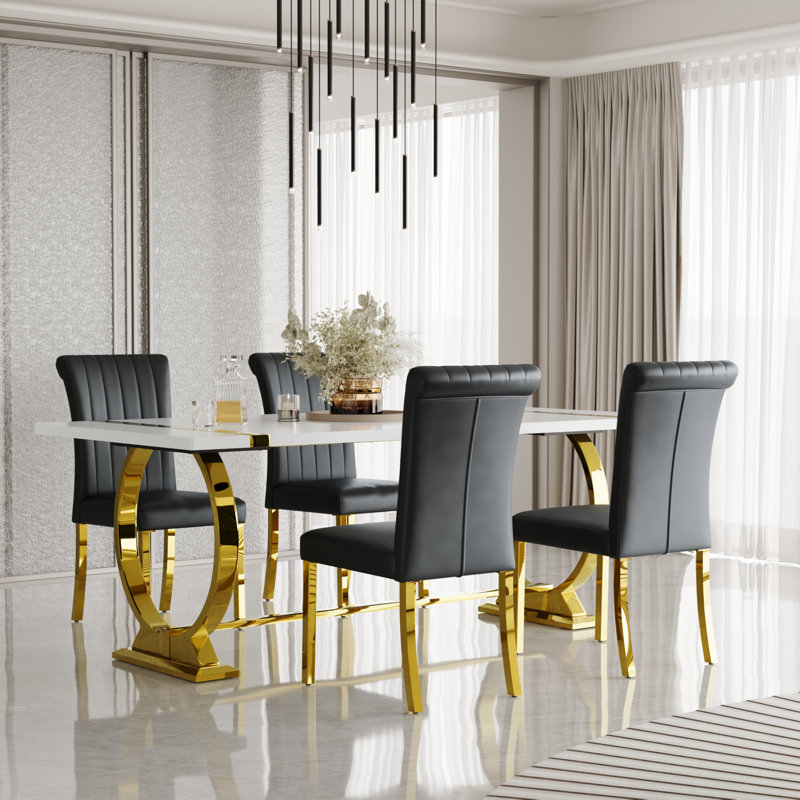 Ensemble de table de salle à manger 5 pièces Glam Gold avec 4 chaises en cuir noir et or, 5 pièces: table, 4 chaises, Noir