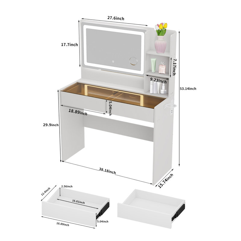 Makeup Vanity with 3-Color Adjustable LED Lighted Mirror & RGB Lighting, Modern Small-Space Vanity Desk with Charging Station, See-Through Tempered Glass Top & 2 Drawers