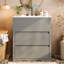 Meuble-lavabo gris de 76 cm (30 po), lavabo en céramique, 2 tiroirs avec système de poignées à 45°, glissières encastrées à fermeture amortie, tiroirs minimalistes et luxueux offrant un grand espace de rangement, style contemporain