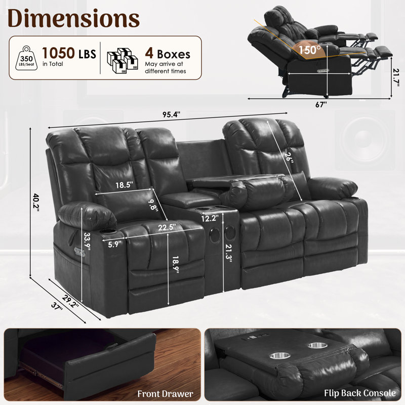 Canapé inclinable électrique 3 places avec console, massage et chaleur lombaire, éclairage à DEL RVB, siège de cinéma maison avec haut-parleur Bluetooth