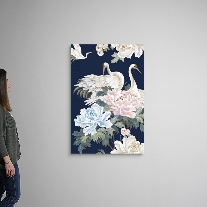 «Pearly White Cranes I» par Eva Watts - reproduction d'art, Toile tendue, H 48 po x l 32 po x P 1,25 po