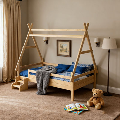 House Platform Bed with Stairs, Solid Wood Bed Frame, Low Profile and Childlike Fun Design