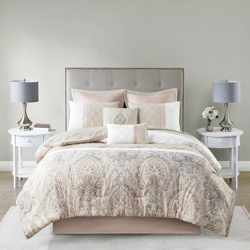 Édredon 8 pièces pour très grand lit - teintes rosées et taupe, édredon en losange, rembourrage, coussins de broderie, imprimé partiel lavable,,, décoratif