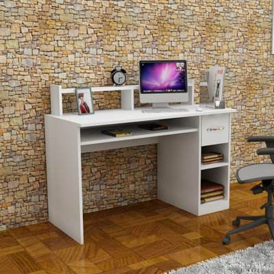 Bureau d'étude moderne blanc avec plateau à clavier sous le bureau et 1 tiroir, 47,0 x 21,7 x 29,5 pouces | 100% panneau de particules enduit de mélamine, fixation murale, tablettes multiples | Élégant et fonctionnel pour les bureaux à domicile et les espaces d'étude