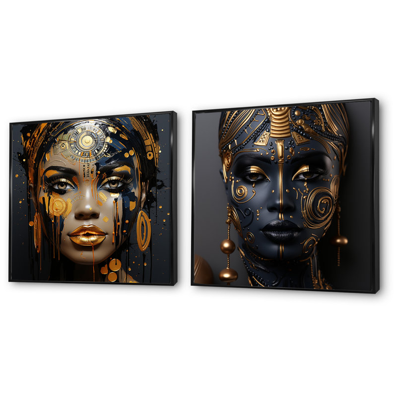 Tribus expressives noires et dorées, femme africaine I - femme, ensemble de 2 reproductions d'art mural, Cadre noir