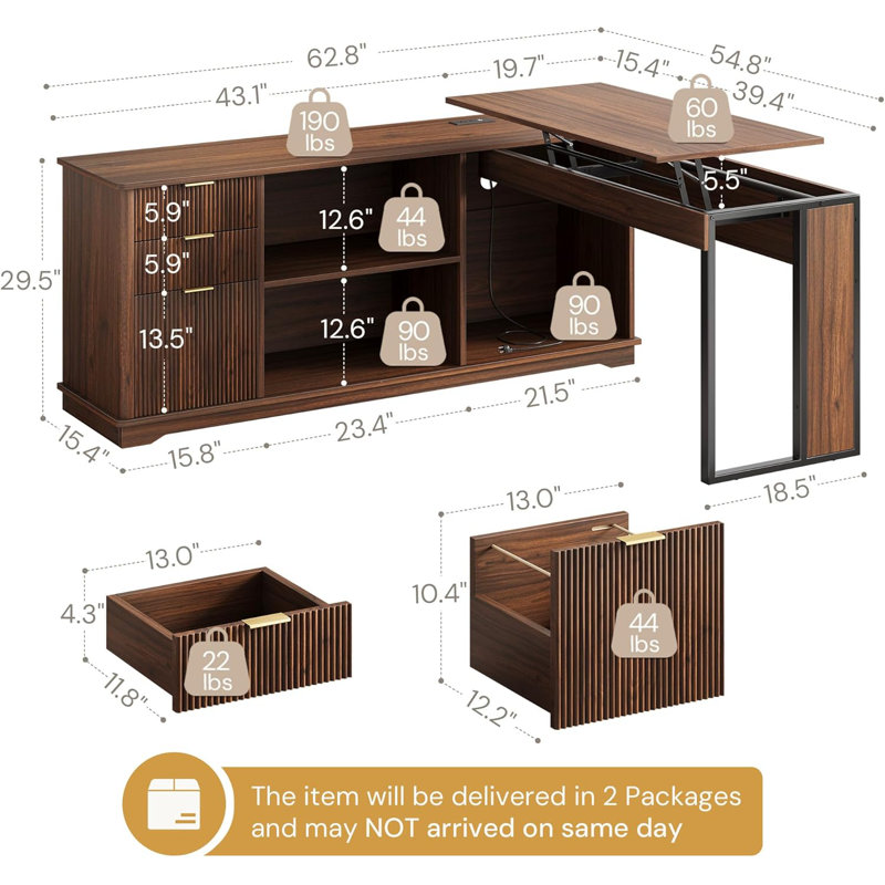 L Shaped Desk With Lift Top, Power Outlets, 3 Fluted Design Drawers, Storage Shelves,CPU Stand, Dark Brown