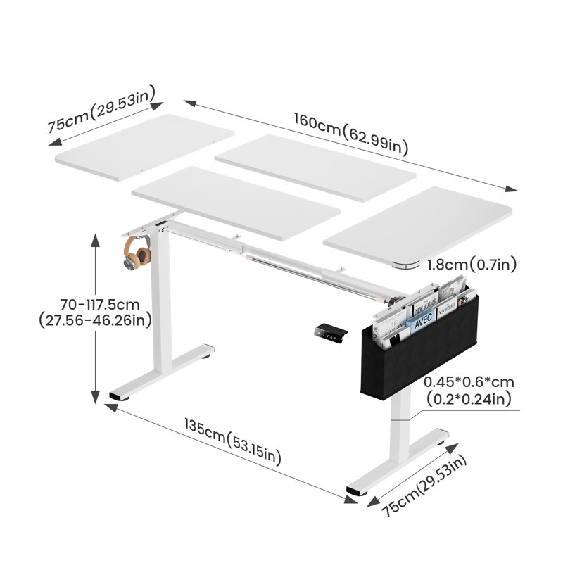 Adjustable Metal Base Standing Desk, 117.5cm H x 160cm W x 75cm D