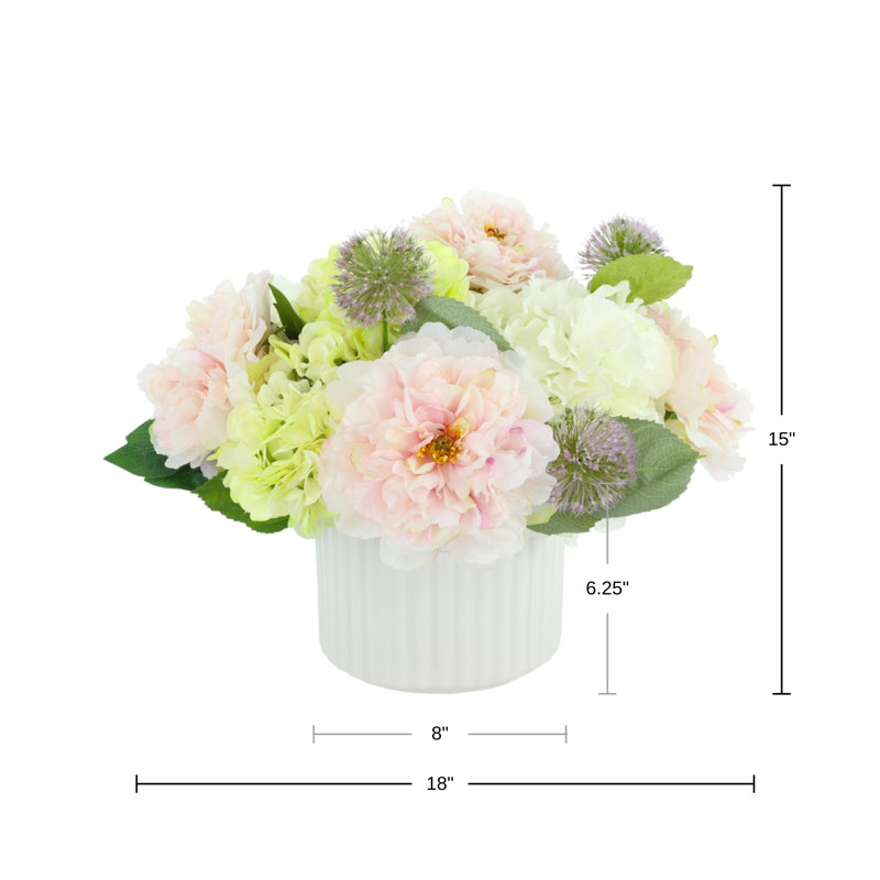 Hydrangeas and Peonies Arranged in Ceramic Pot