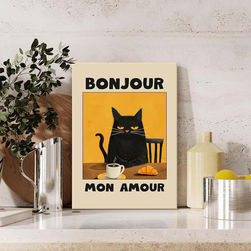Framed Fun Cat Canvas Wall Art Vintage French Cat Abstract Drinking Coffee Picture Cute Retro Cat Wall Decor Canvas Poster Print 16X24in