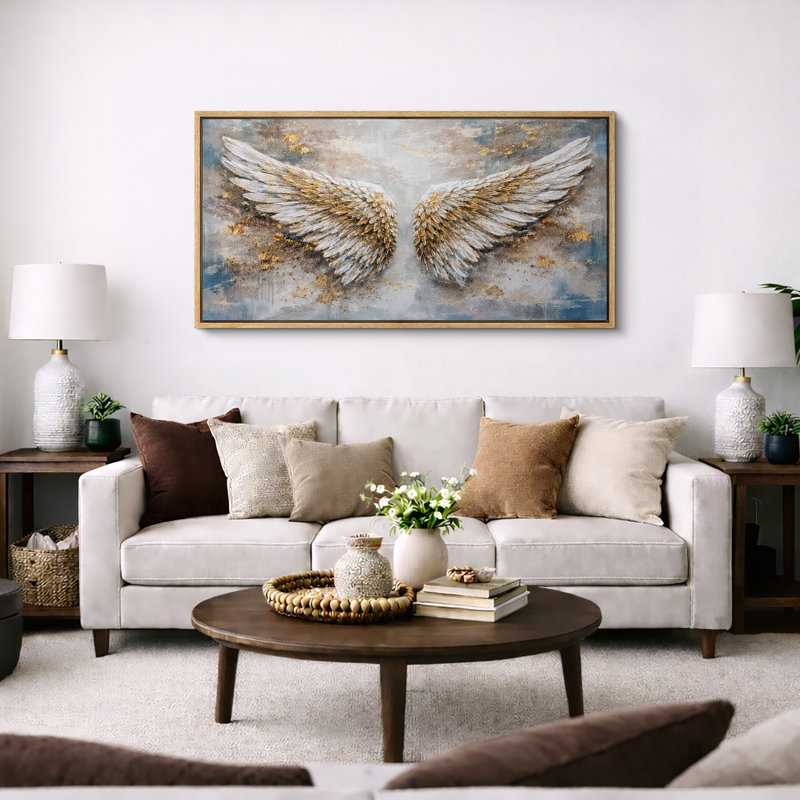 White Gold Angel Wings Abstract Elegant Feather Wall Decor Extra Large Pictures Framed Canvas Print Wall Art, Natural