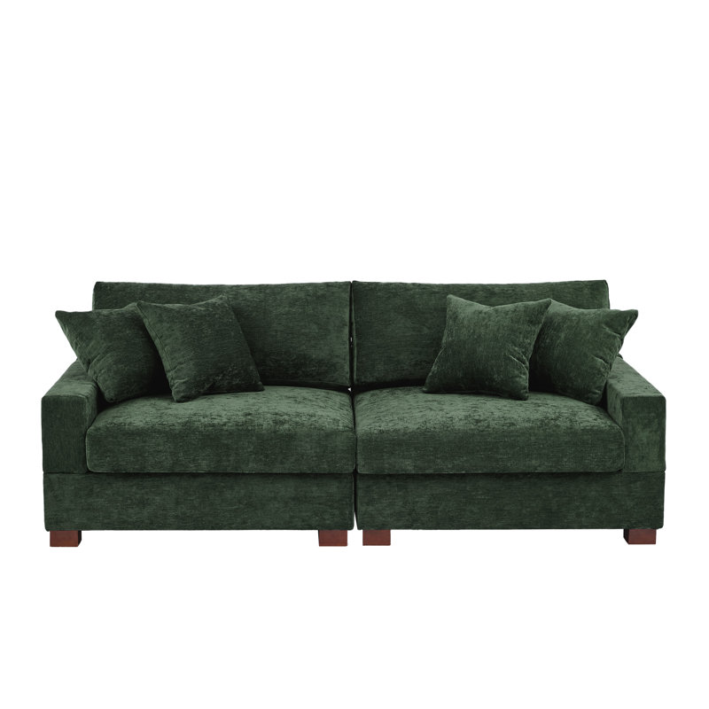 2 - Piece Upholstered Green Chenille Modular Sectional Sofa with Armrests & Throw Pillows, Green