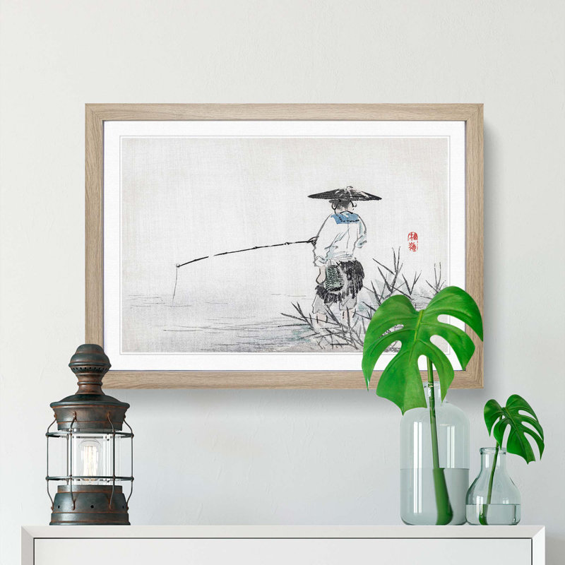 Fisherman by Kono Bairei - Picture Frame Painting Print, 27cm H x 36cm W x 2cm D, Oak Framed