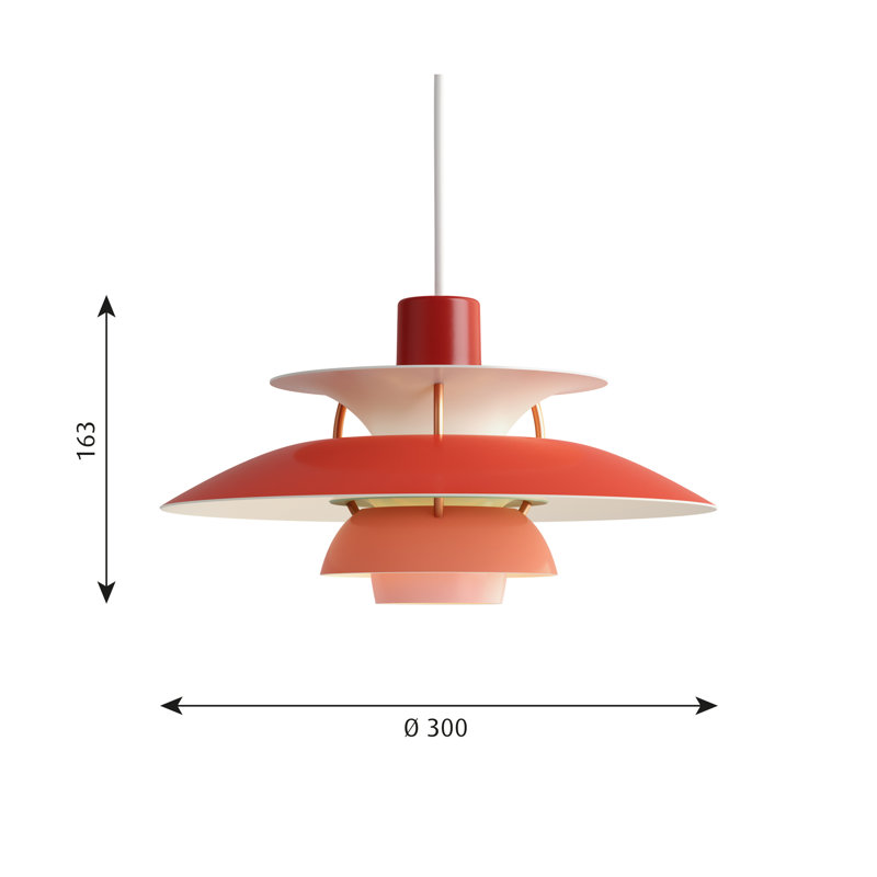 PH 5 1 - Light Pendant, Hues of Red, 6.4" H x 11.8" W x 11.8" D