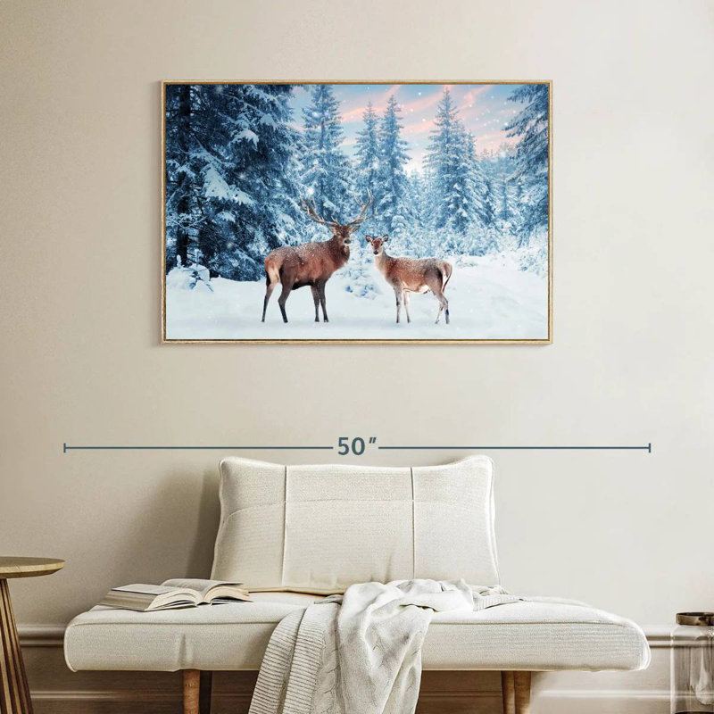 Cerf Winter Wonderland, Cadre flottant en bois naturel, 40 po x 27 po