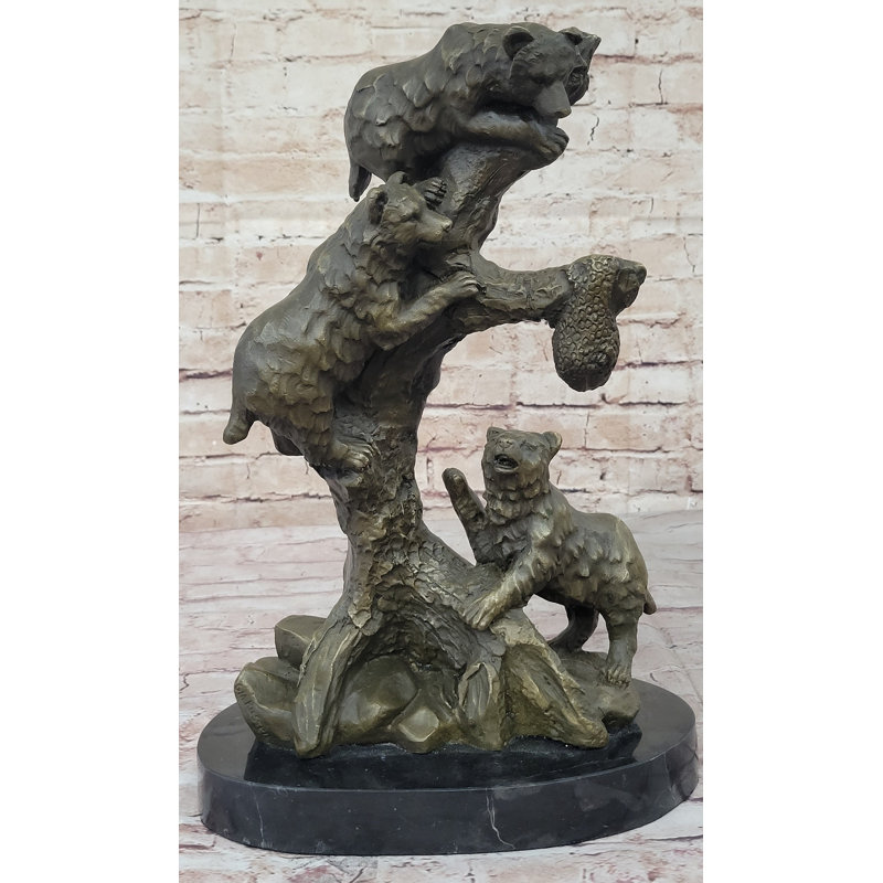Famille d'ours à la recherche de miel, sculpture en bronze, sculpture et base en marbre