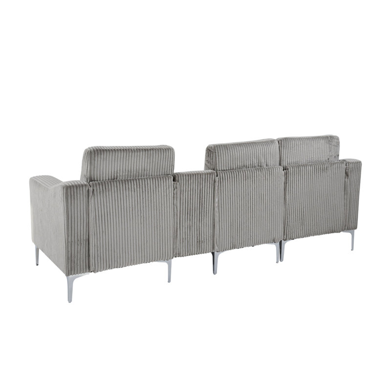 Convertible Sectional Corduroy Sofa with Cupholders, USB,Three-seater, Grey