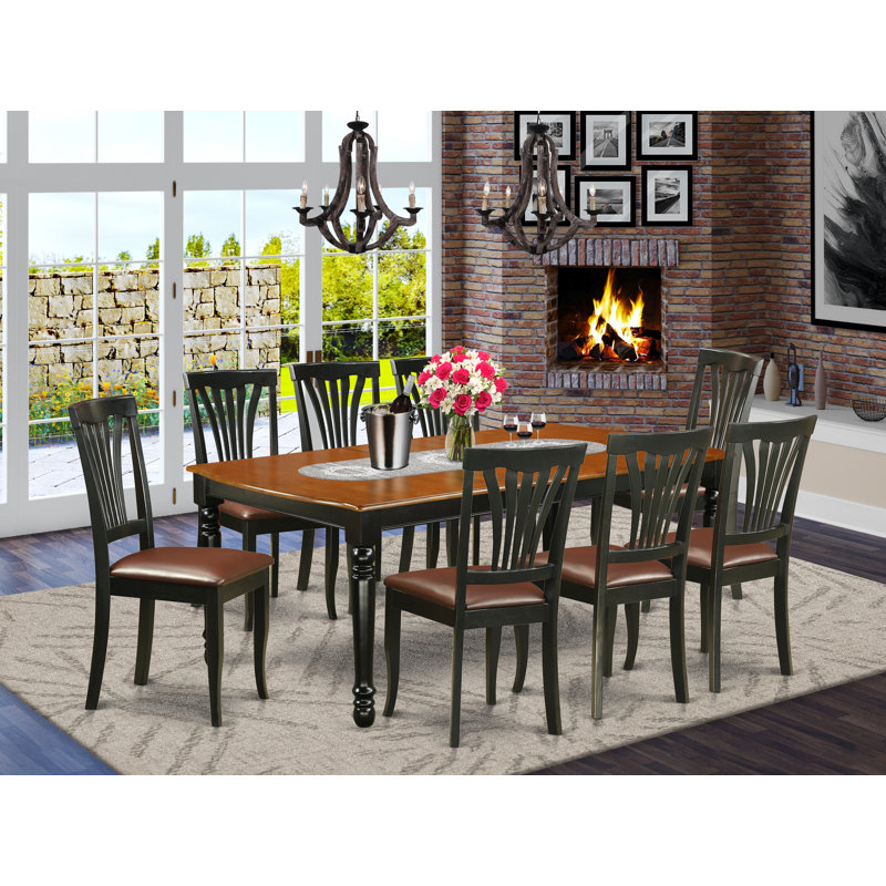 Ensemble de table de salle à manger 9 pièces comprenant une table rectangulaire en bois avec rallonge papillon et 8 chaises de cuisine en similicuir, noir et cerise, 42 po x 78 po