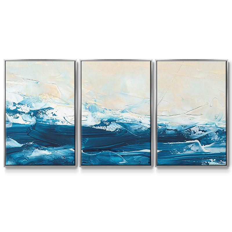 «Wave After Wave III», reproduction sur toile 3 pièces, H 36 po x l 75 po x P 2 po, Argent