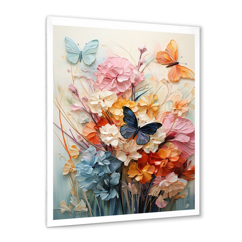 «Butterfly Whimsical Flight Bouquet I», art mural papillon, Cadre simple blanc, H 44 po x l 34 po x P 1,5 po