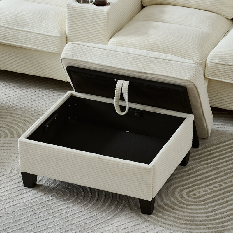 U-Shaped Corduroy Sectional Sofa, Cloud Comfort With Storage Ottomans & USB/Type-C Ports-Beige, Belge Corduroy