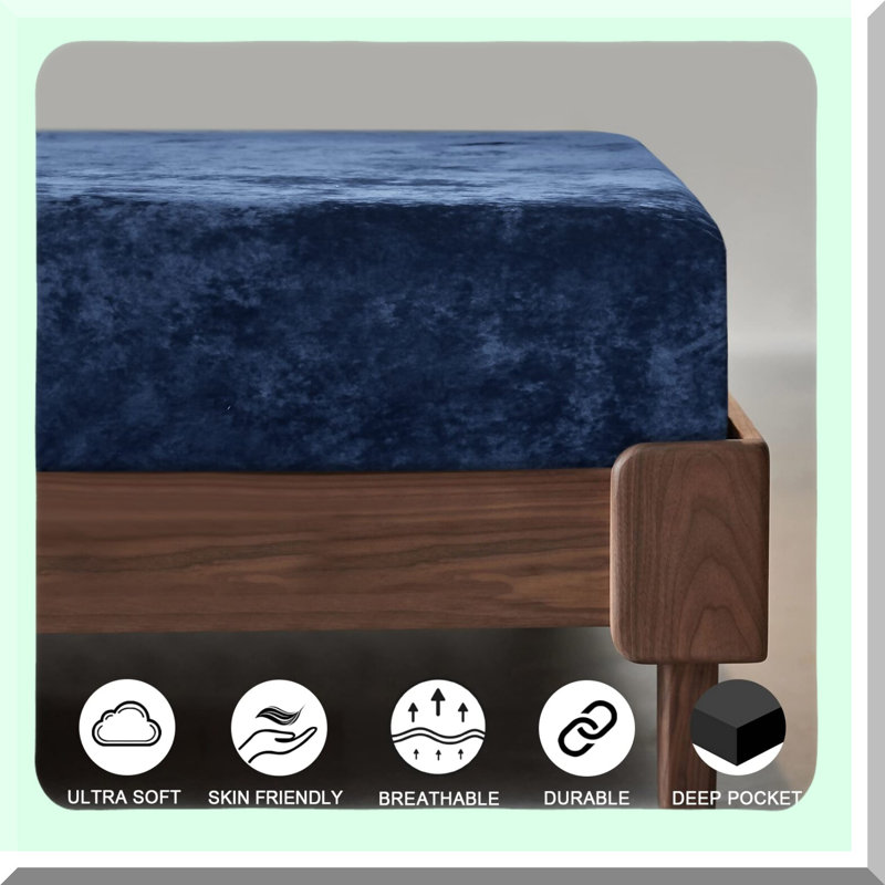 Luxury Velvet Queen Fitted Sheet - Super Soft Cozy Bottom Sheet with Deep Pocket - Fall Winter Spring Bedding - Navy Blue - 1 Pack