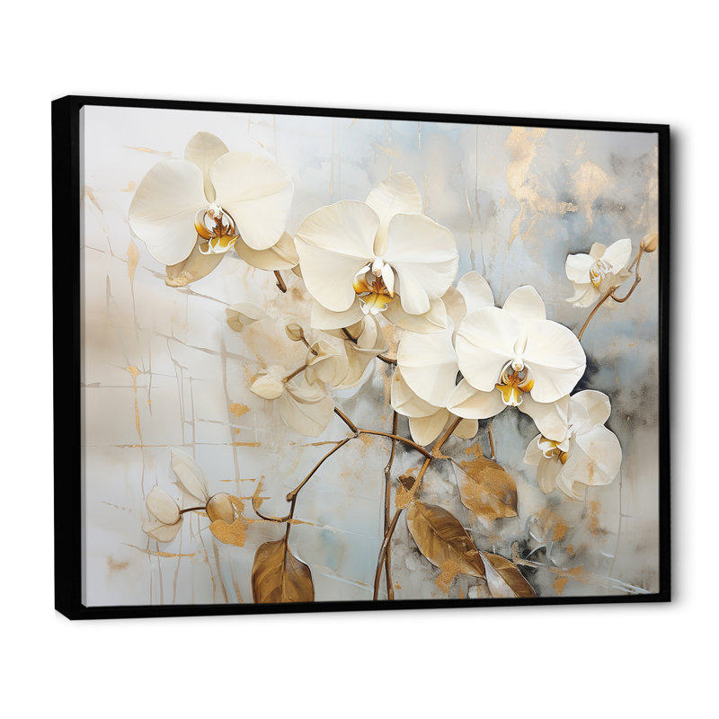 Orchidée beige et dorée V sur toile, Cadre flottant noir, H 30 po x l 40 po x P 1,5 po