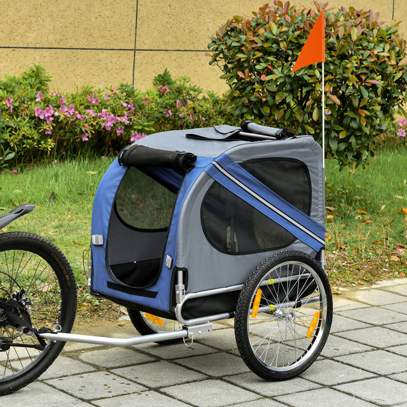 Remorque pour animal de compagnie - vélo robuste en tissu bleu / gris, entrée facile