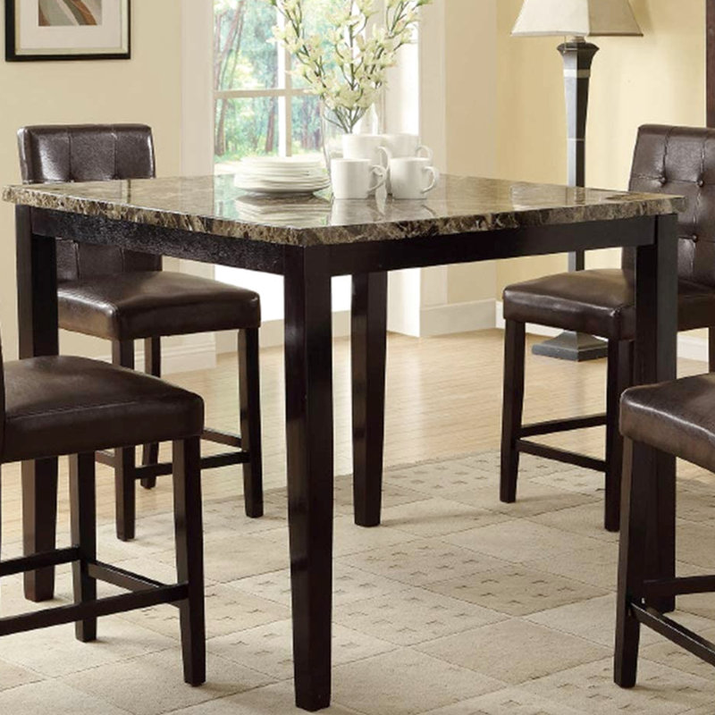 Table de salle à manger carrée moderne brun foncé en faux marbre avec plateau