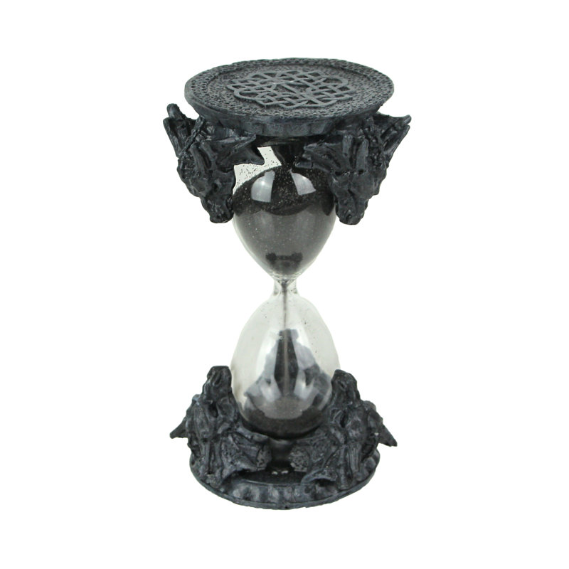 Sablier gothique médiéval en résine gris anthracite et verre, orné d'un dragon et rempli de sable noir, hauteur 15,9 cm (6,25 pouces).