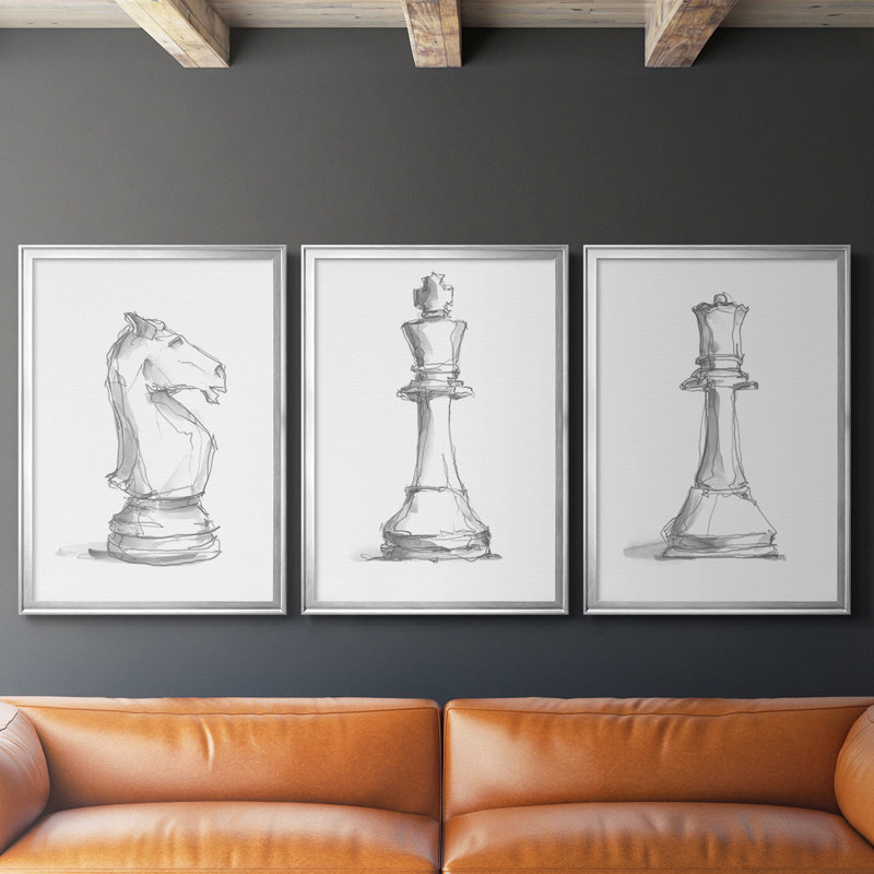 Chess Room Study I - Toile tendue avec châssis sur mesure - 3 pièces, Argent argent, H 39 po x l 81 po
