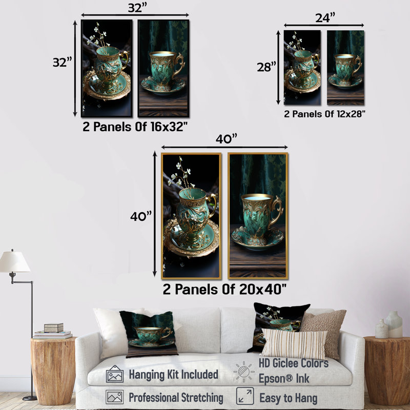 «Elixir In Tea Elegance», ensemble de 2 impressions murales sur toile, Cadre blanc, H 28 po x l 25 po
