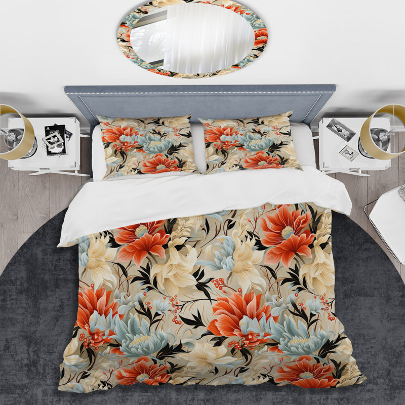 Ensemble de housse de couette à motif floral jaune et rose, Housse de couette pour grand lit et 2 taies décor