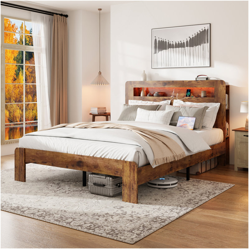 Bed Frame Queen Size, Wood Platform Bed Frame With Storage LED Light Headboard And 2 USB , Noise Free,No Box Spring Needed And Easy Assembly Tool,Large Under Bed Storage,Dark Brown