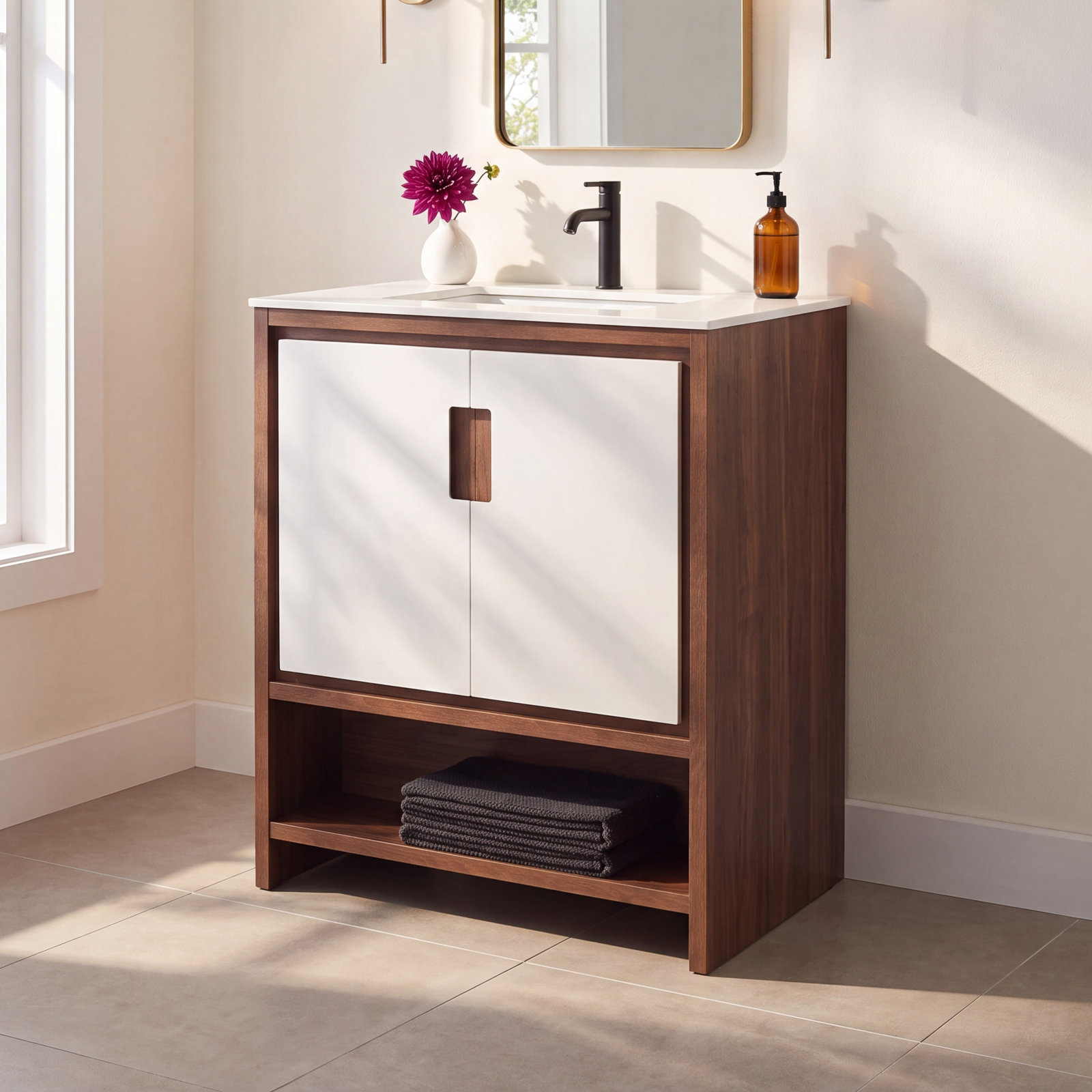 Diani 30" Single Bathroom Vanity, Beige/Walnut, White