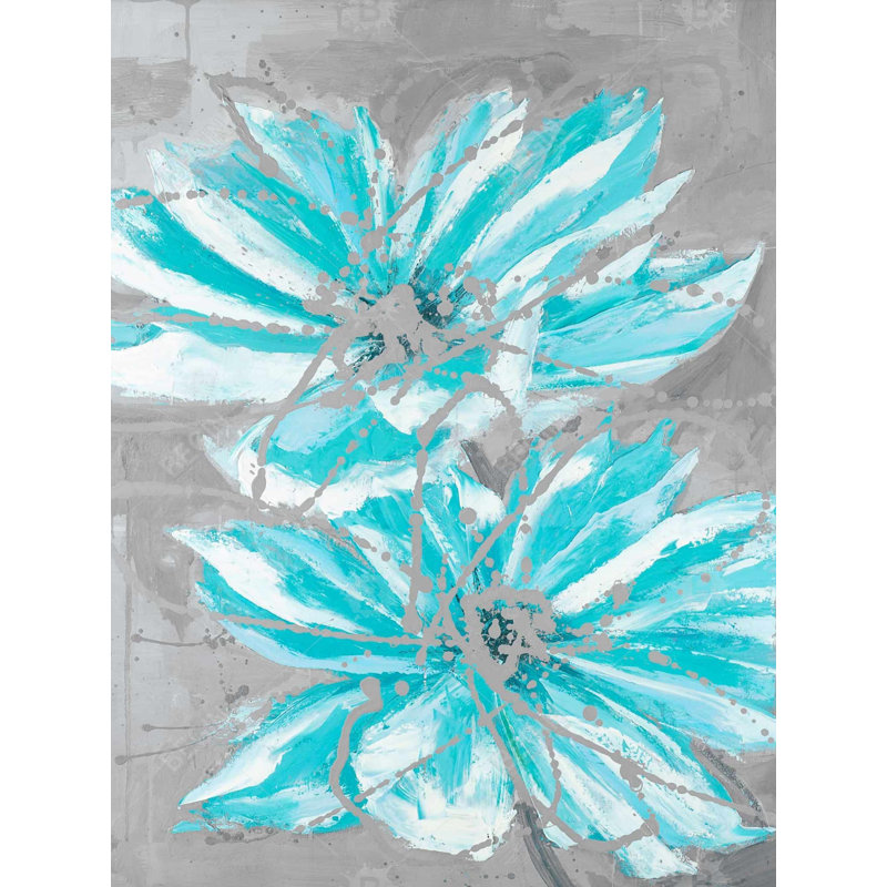 Deux petites fleurs bleues abstraites - art sur toile turquoise, 48" H x 36" W