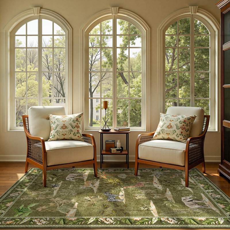Animals Print Washable Ultra-Thin Non-Slip Area Rug, Rectangle 5' x 7', Jungle Green