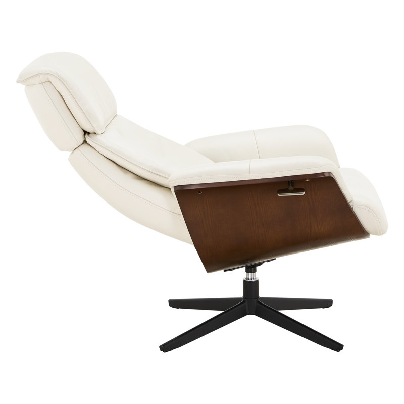 Mid Century Genuine Leather Swivel Recliner Lounge Chair With Ottoman, Coconut Milk
